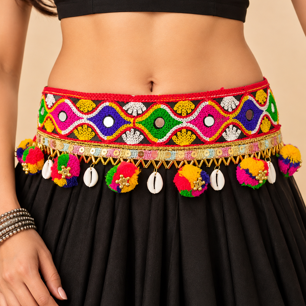 Urthn Vibrant Mirror Work Multicolor Pearl Assorted Design  Kamarband Waist Belt for Navratri & Festive Occasions(Pack Of 3)