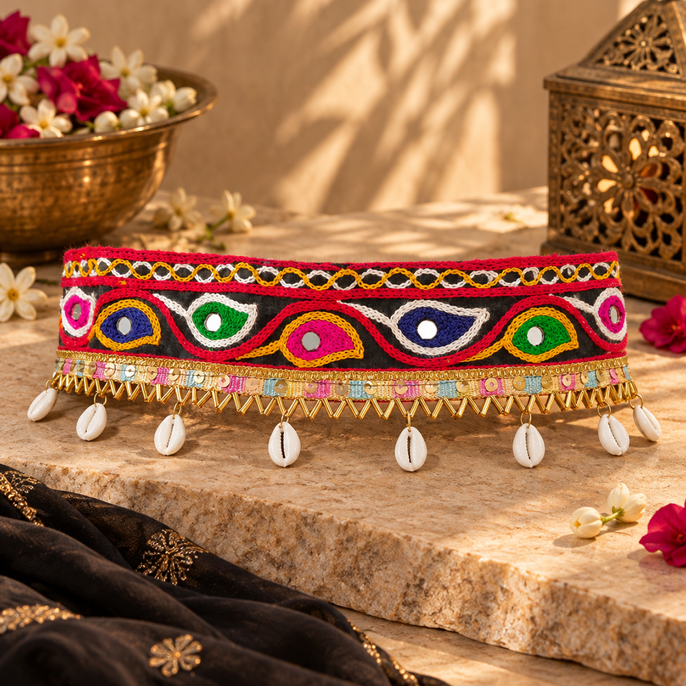 Urthn Traditional Navratri Mirror Work & Shell Embellished Assorted Design Kamarband Waist Belt for Women(Pack Of 3)