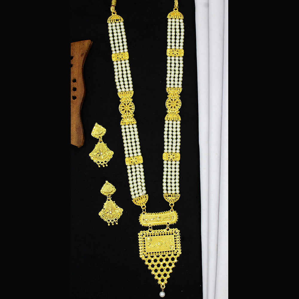 Mahavir Dye Gold Plated Pearl Long Necklace Set
