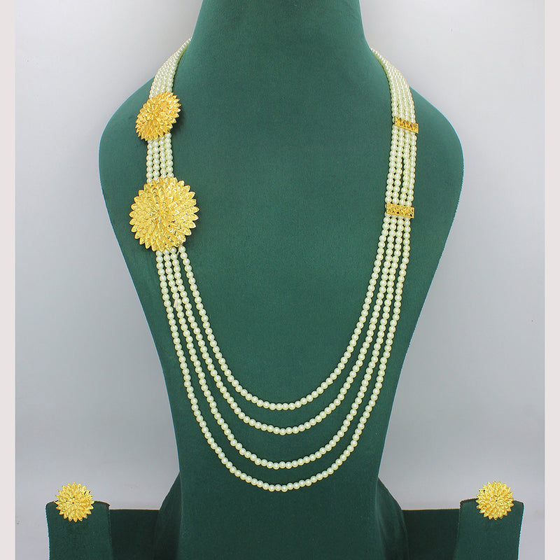 Mahavir Gold Plated Pearl Multi Layer Long Necklace Set