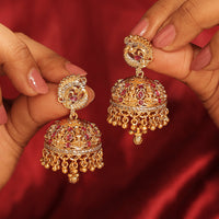 Saloni Fashion Jewellery Pretty Peacock Design Gold Plated Multi Kundan Stone Small Golden Balls Brass Jhumki Earring For Women and Girls