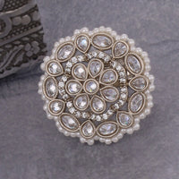 Saloni Fashion Jewellery Round Design Green and Grey Stone Gold Plated Set of 2 Combo Brass Adjustable Finger Ring For Women