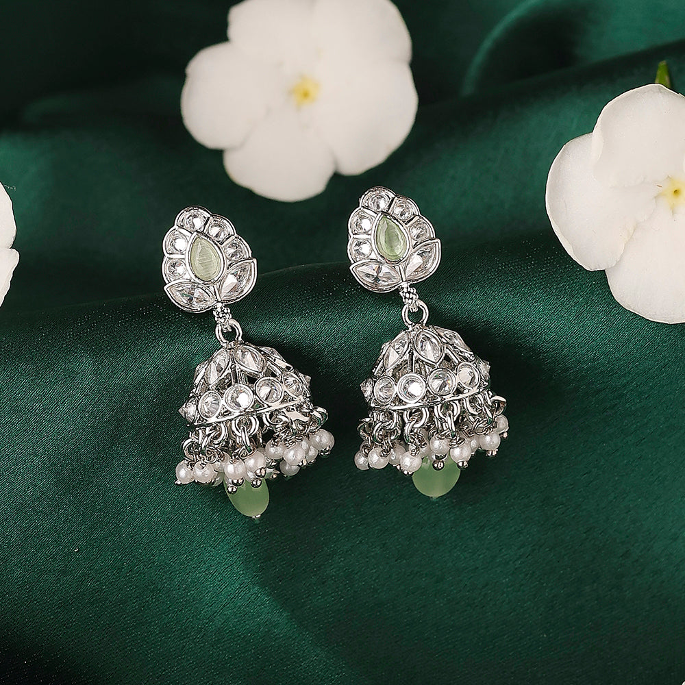 Saloni Fashion Jewellery Lavish Leaf and Pear Shape Silver Plated Green Kundan Stone Brass Jhumki Earring For Women and Girls