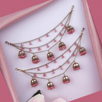 Saloni Fashion Jewellery Fancy Latkan Jhumki Pink Pearl 3 String Antique Gold Plated Set Of 2 Brass Ear-Chain (Kaanchain) For Women and Girls