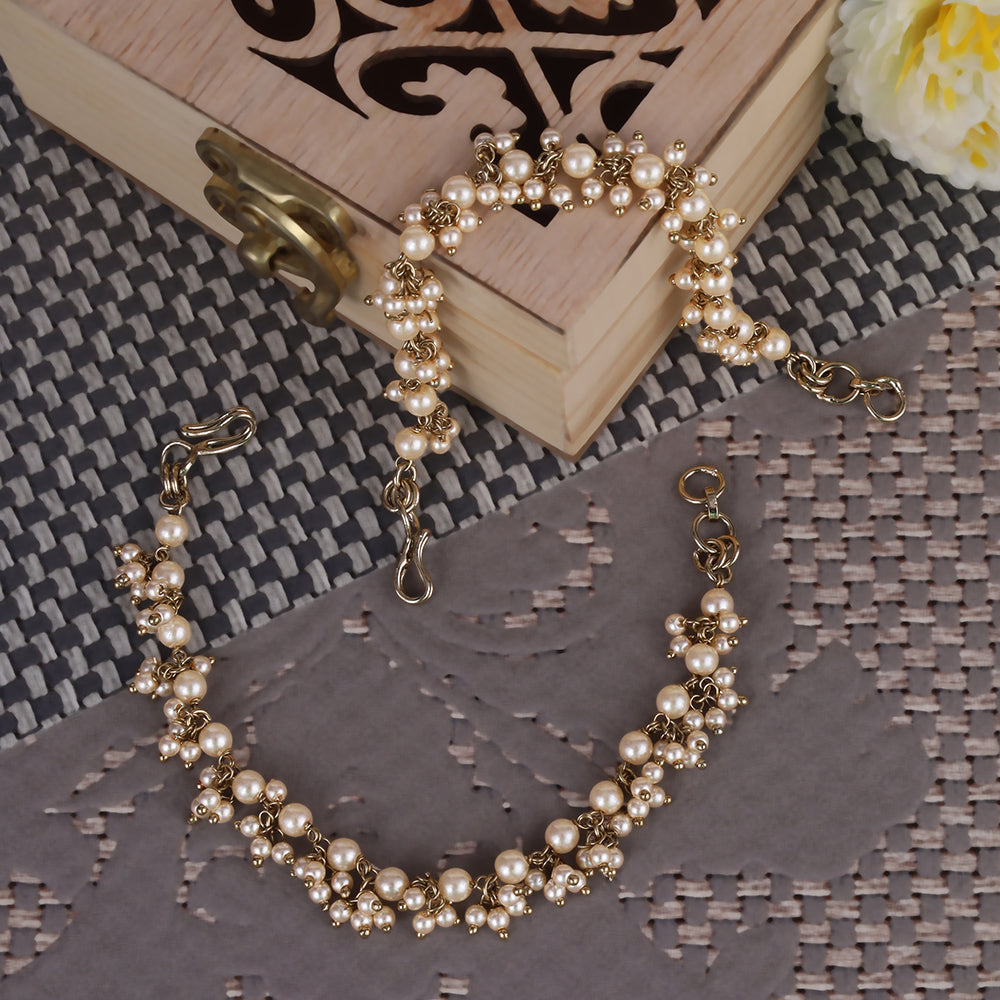 Saloni Fashion Jewellery Traditional Stylish 3 String Long Chain Gold Plated Combo Set of 2 Pearl Ear-Chain(Kaanchain) For Women