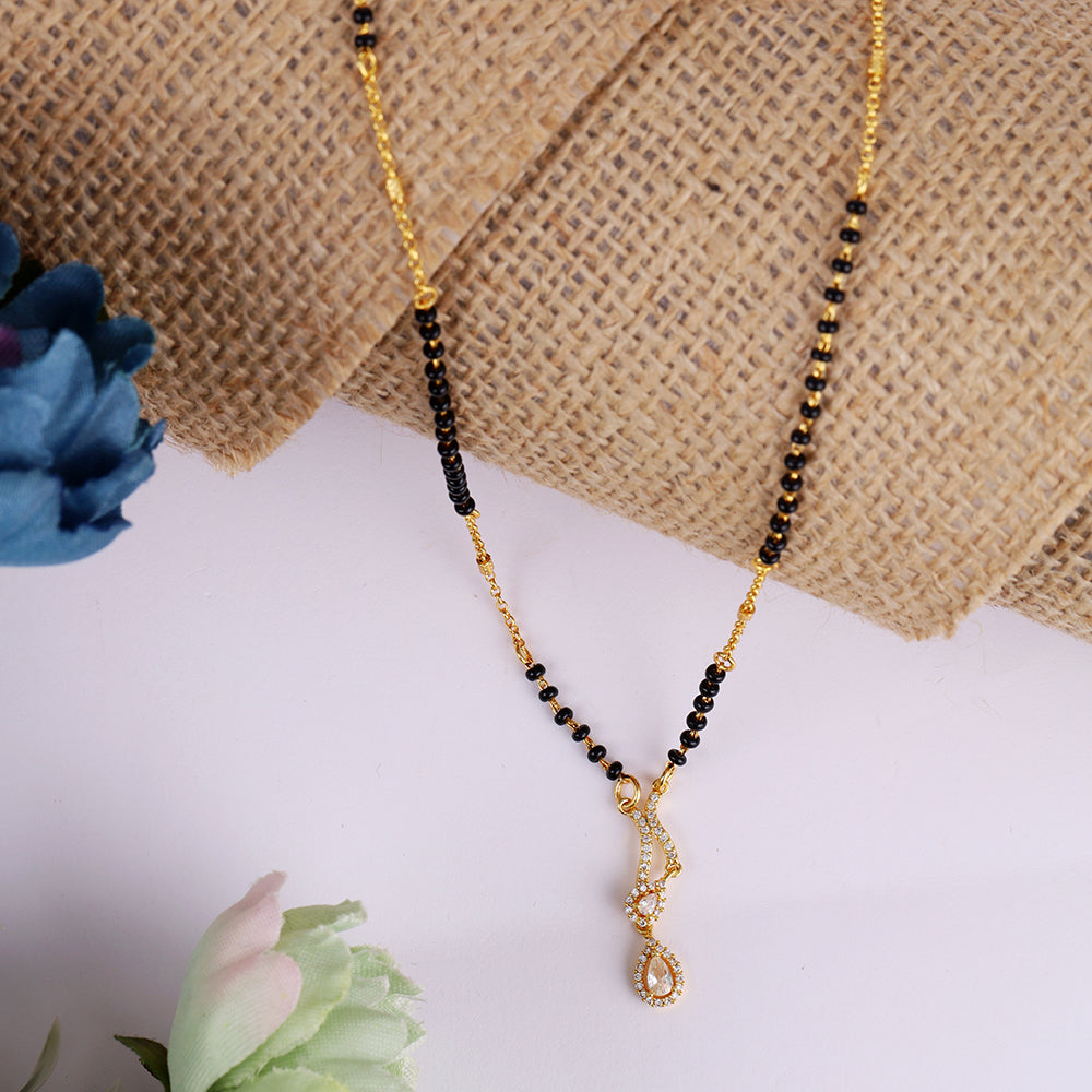 Saloni Fashion Jewellery Traditional Creative Oval Shape CZ Studded Gold Plated Combo Set of 2 Black Beaded Adjustable Chain Mangalsutra For Women