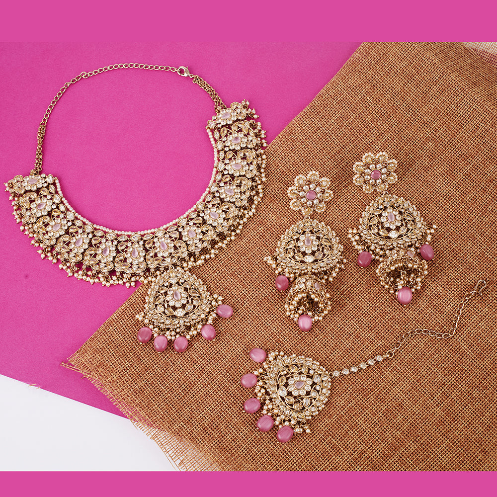 Saloni Fashion Jewellery Gorgeous Flower Design Uncut Kundan Stone Gold Plated Brass Choker Necklace Set With Maang Tikka For Women and Girls