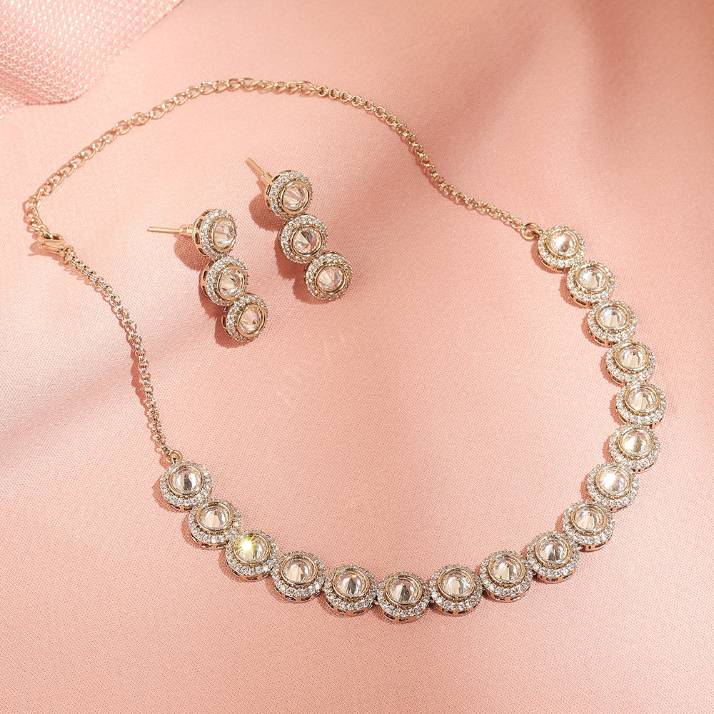 Saloni Fashion Jewellery Incredible Round Shape CZ and Unkut Kundan Stone Gold Plated Brass Choker Necklace Set For Women and Girls