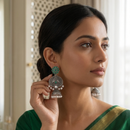 Wearhouse Fashion Oxidised Plated Pota Stone And Pearl Jhumki Earrings