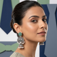 Wearhouse Fashion Oxidised Plated Pota Stone And Pearl Jhumki Earrings
