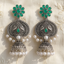 Wearhouse Fashion Oxidised Plated Pota Stone And Pearl Jhumki Earrings