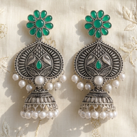 Wearhouse Fashion Oxidised Plated Pota Stone And Pearl Jhumki Earrings