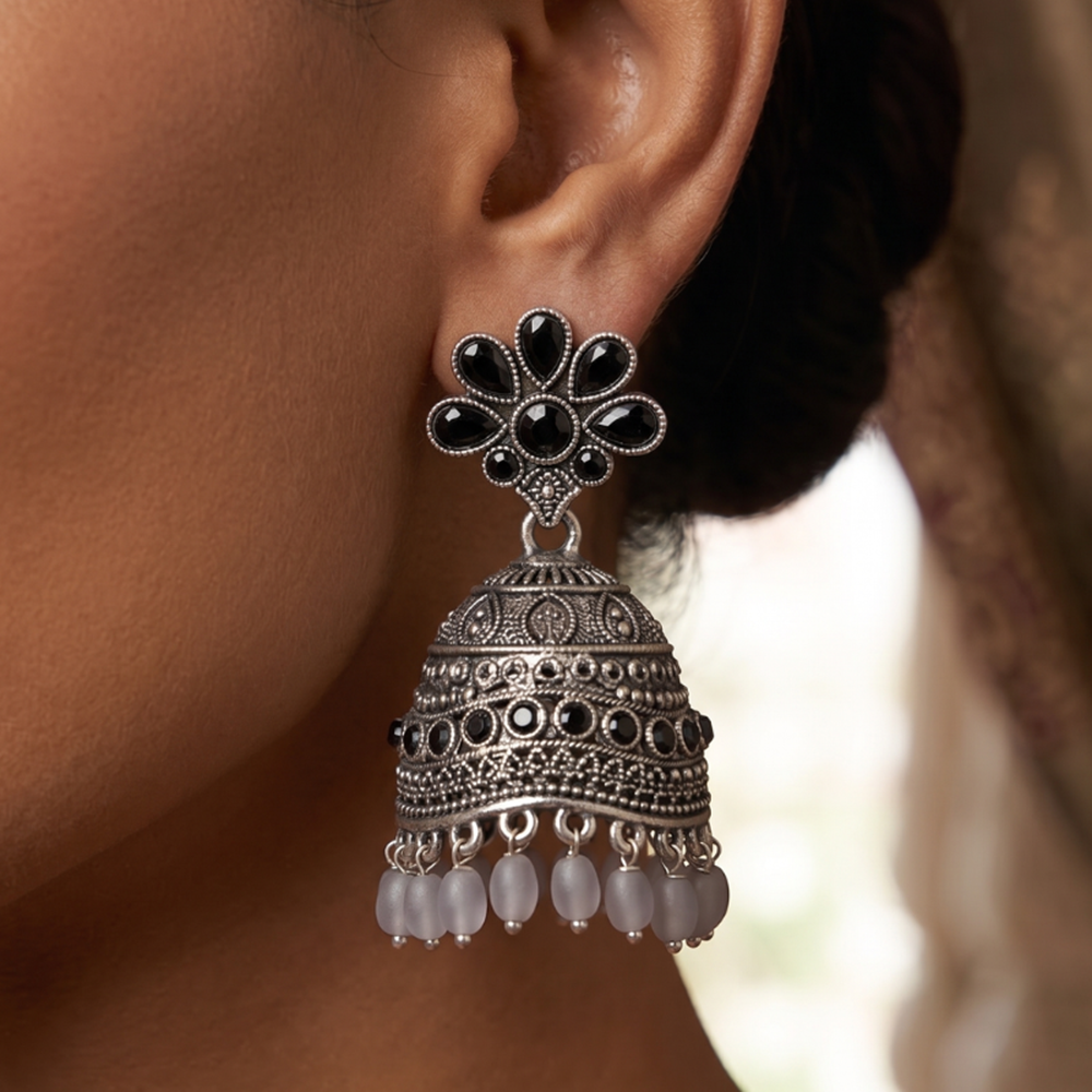Wearhouse Fashion Oxidised Plated Pota Stone And Pearl Jhumki Earrings