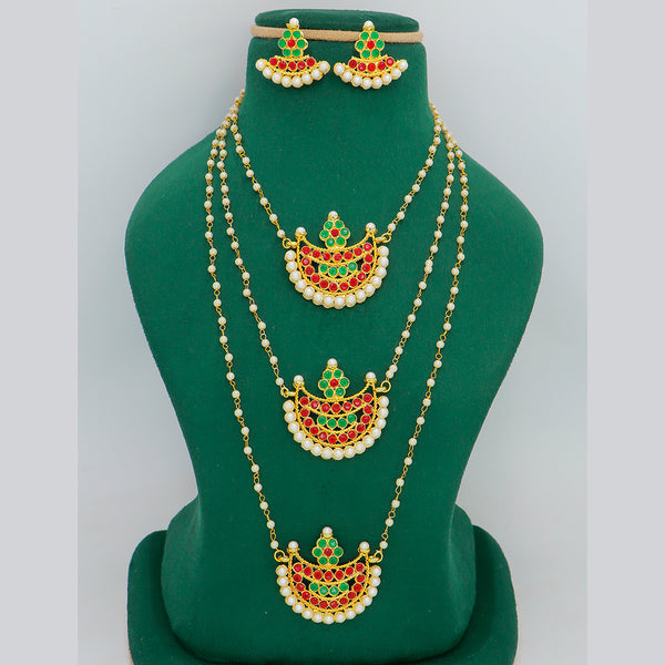 Mahavir Gold Plated Pota Stone And Pearls Long Necklace Set