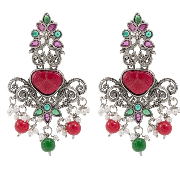 Wearhouse Fashion Oxidised Plated Crystal Stone And Pearls Dangler Earrings