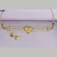 Mahavir Traditional Gold Forming Look Pearl Choker Necklace Set