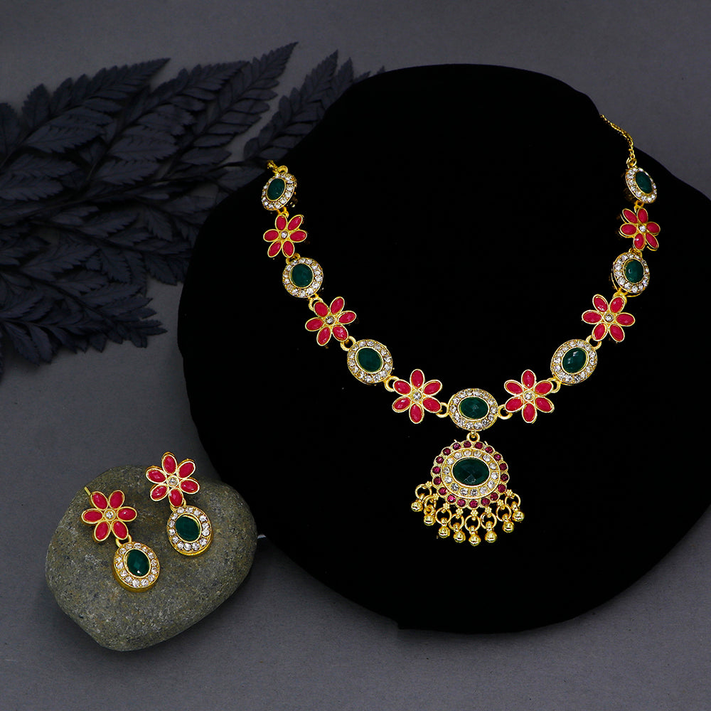 Mahavir Gold Plated Austrian Stone And Pota Pearl Necklace Set