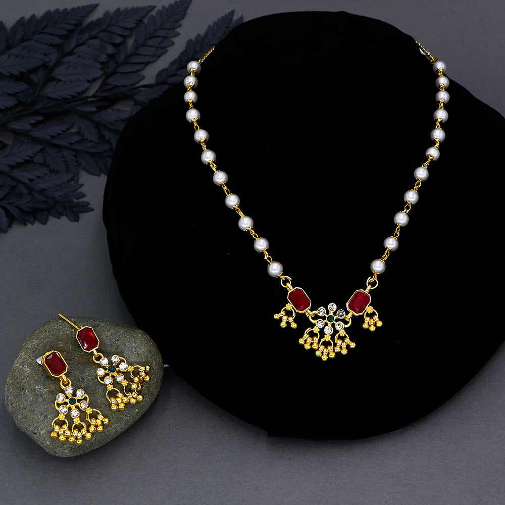 Mahavir Gold Plated Austrian Stone And Pota Pearl Necklace Set