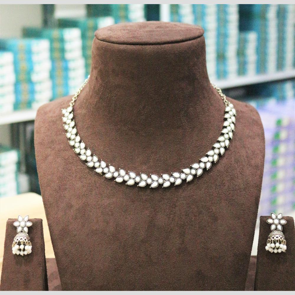 H K Fashion Ethnic Oxidised Sparkling Stones And Pearls Necklace Set