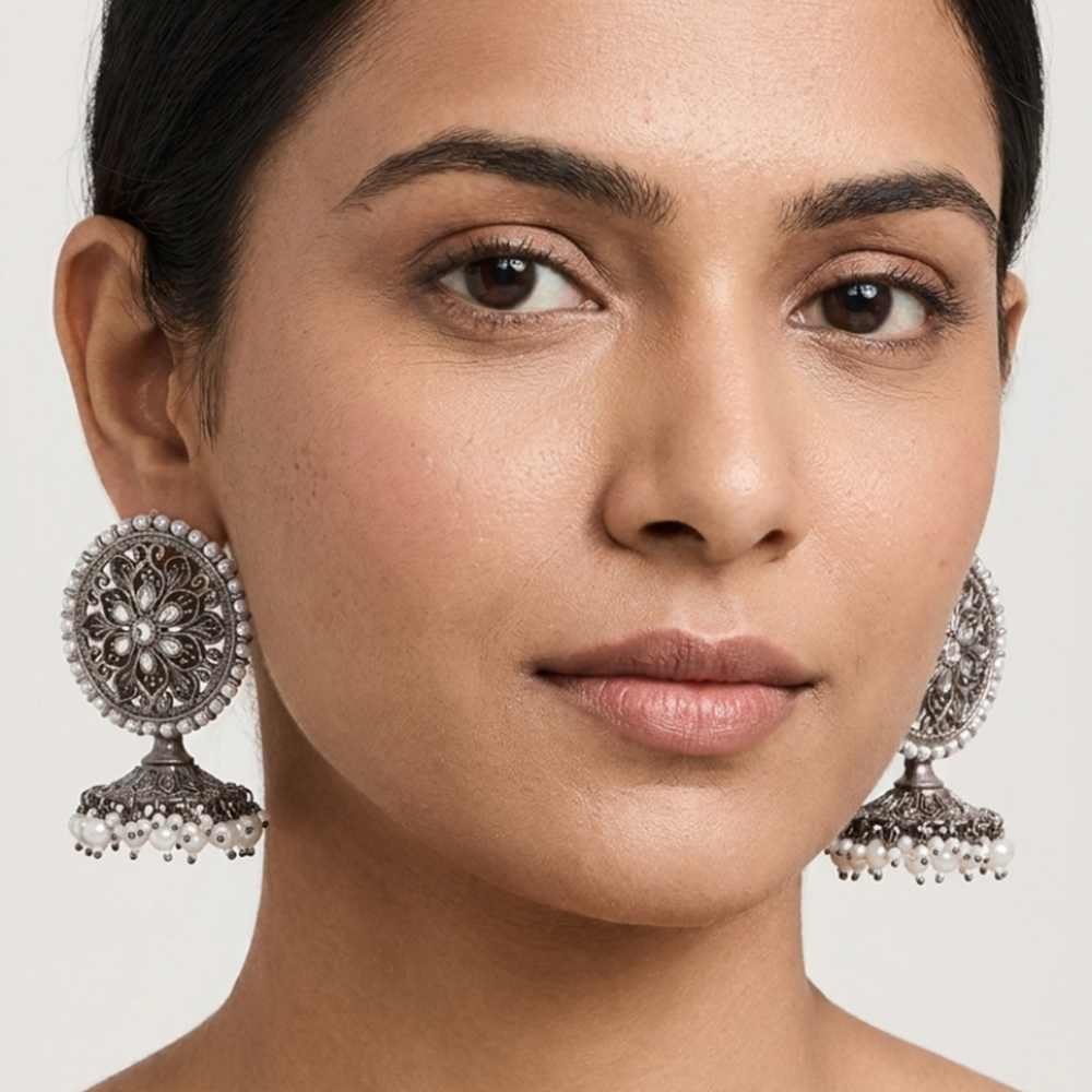 Wearhouse Fashion Oxidised Plated Pota Stone And Pearl Jhumki Earrings