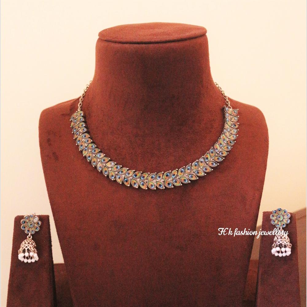 H K Fashion Ethnic Oxidised Peacock Design Necklace Set