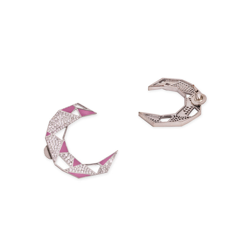 Gaurish Croissant Silver Plated Pink Enamelled With Stones Stud Earrings