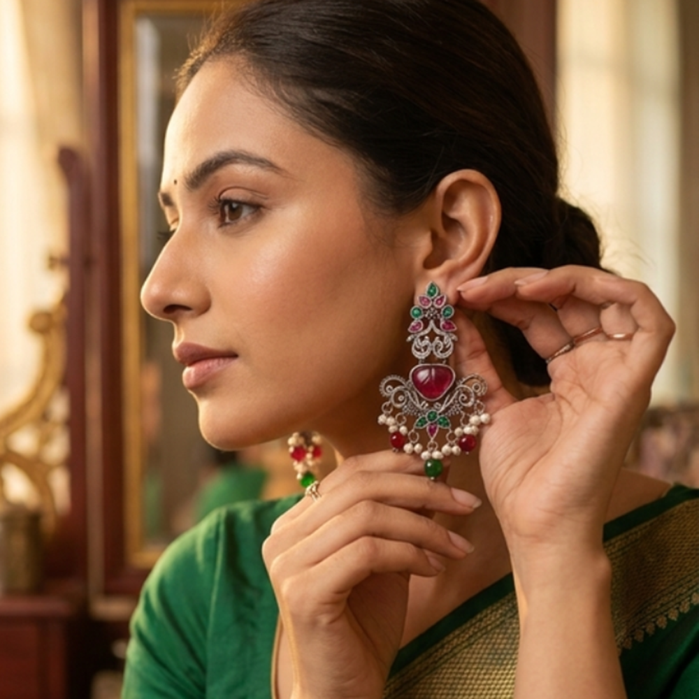 Wearhouse Fashion Oxidised Plated Pota Stone And Pearl Dangler Earrings