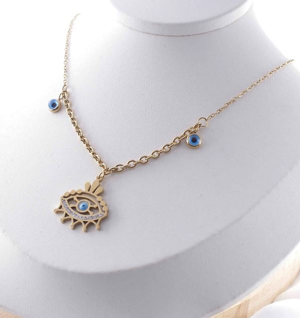 Stainless Steel Gold Plated Hanging Evil Eye Necklace-STNK 4938