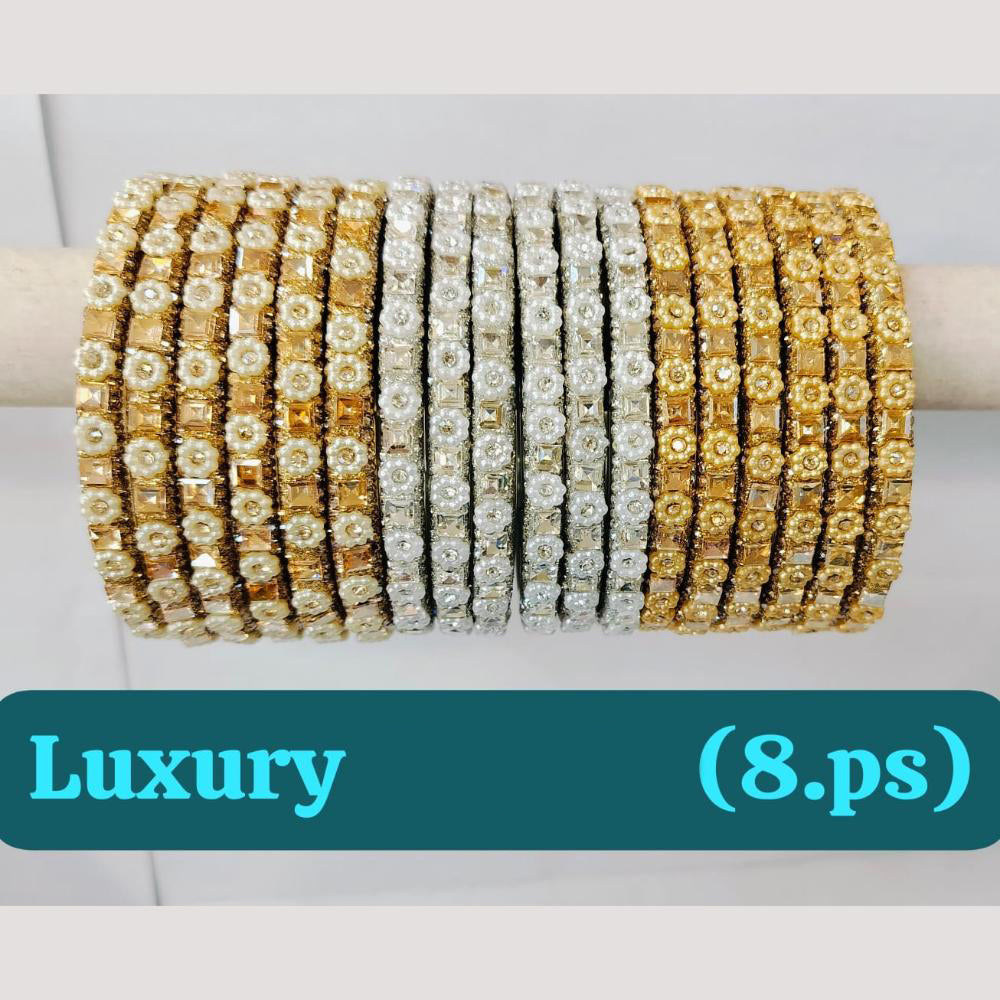 Chitra Bangles Glass Austrian Stone And Pearl Bangle Set (8 Piece In One Box)
