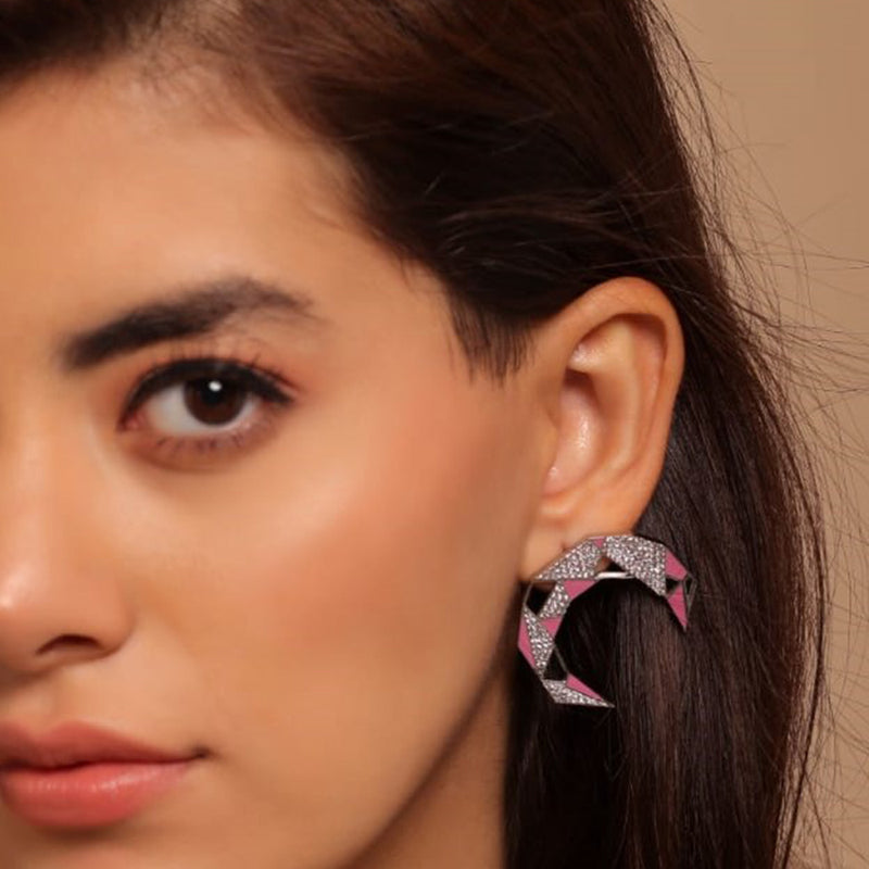 Gaurish Croissant Silver Plated Pink Enamelled With Stones Stud Earrings