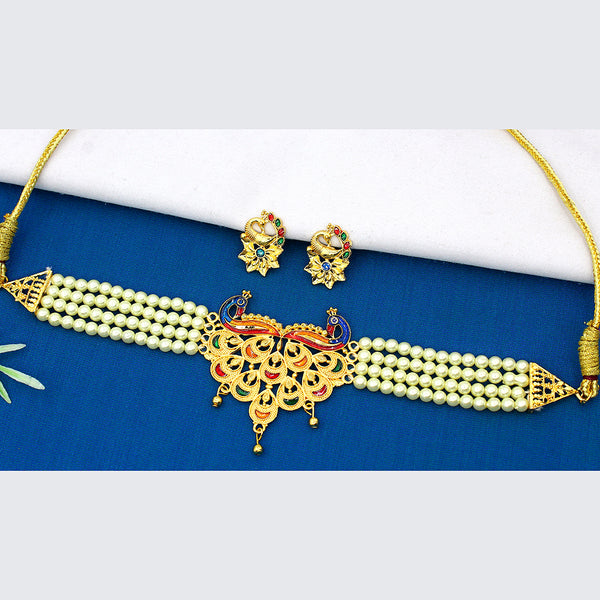 Mahavir Dye Gold Plated Pearl And Meenakari Choker Necklace Set