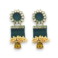 Handmade For Her  Women's Handmade Green Wooden Earring With Kundan And Beads