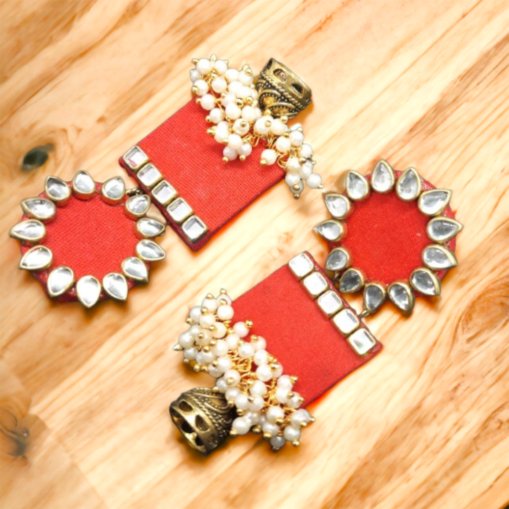 Handmade For Her  Women's Handmade Red Wooden Earring With Kundan And Beads
