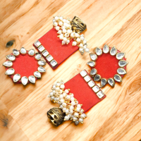 Handmade For Her  Women's Handmade Red Wooden Earring With Kundan And Beads