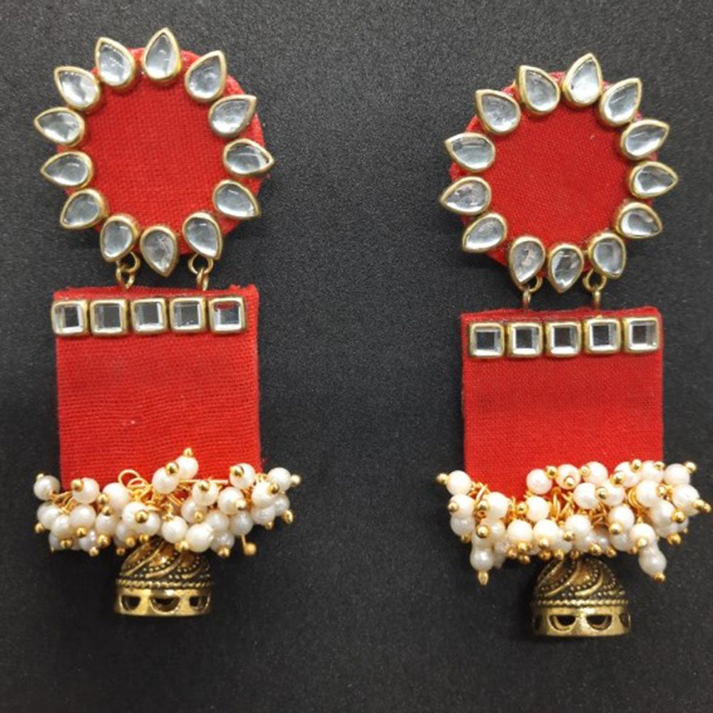 Handmade For Her  Women's Handmade Red Wooden Earring With Kundan And Beads