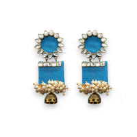 Handmade For Her  Women's Handmade Skyblue Wooden Earring With Kundan And Beads