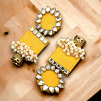 Handmade For Her  Women's Handmade Yellow Wooden Earring With Kundan And Beads