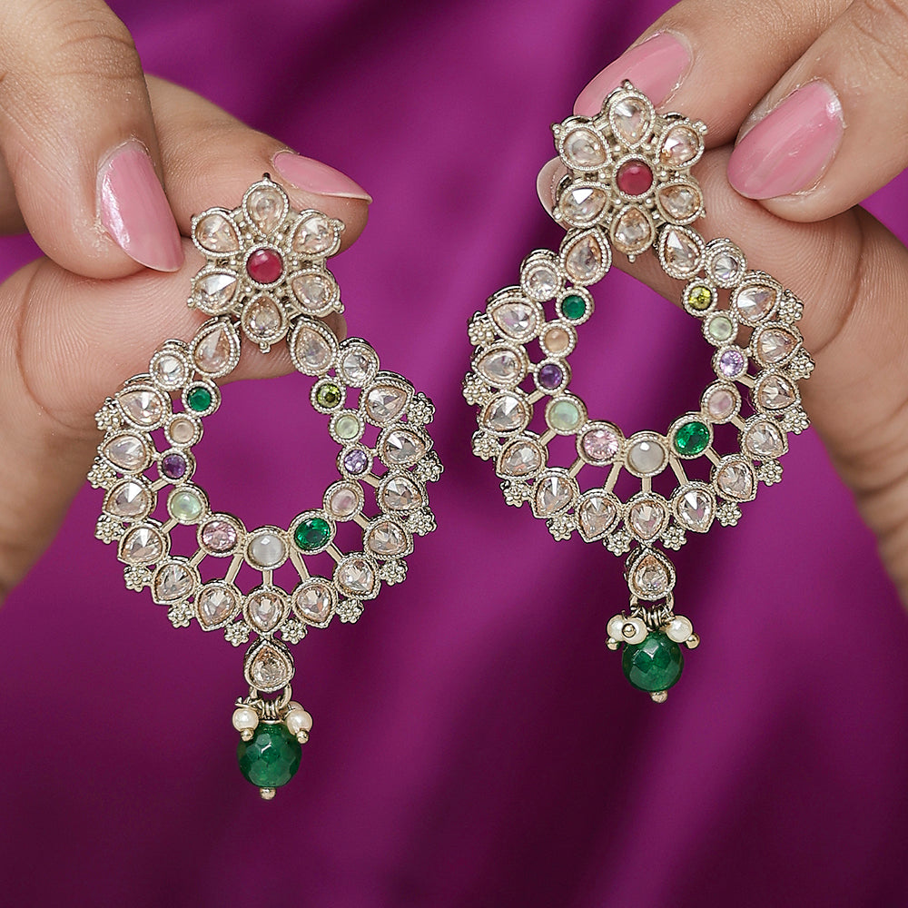 Saloni Fashion Jewellery Incredible Pear and Flower Design Gold Plated Multi Kundan Stone Chandelier Earring For Women and Girls