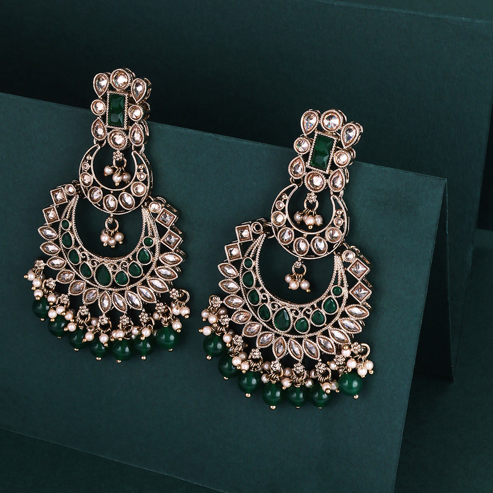 Saloni Fashion Jewellery Gorgeous Pear and Chandelier Shape Mother of Pearl Green Uncut Kundan Stone Antique Gold Plated Earring For Women and Girls