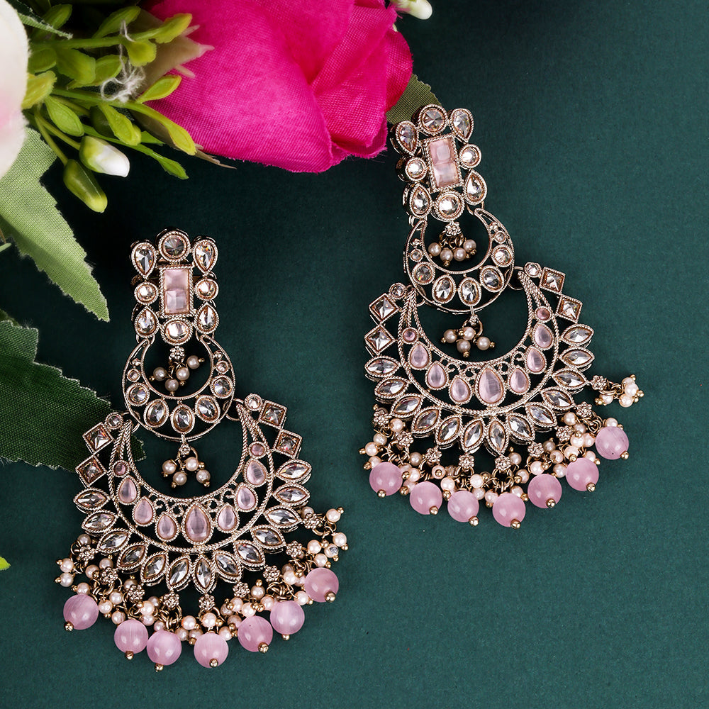 Saloni Fashion Jewellery Graceful Pear and Chandelier Shape Mother of Pearl Pink Uncut Kundan Stone Antique Gold Plated Earring For Women and Girls