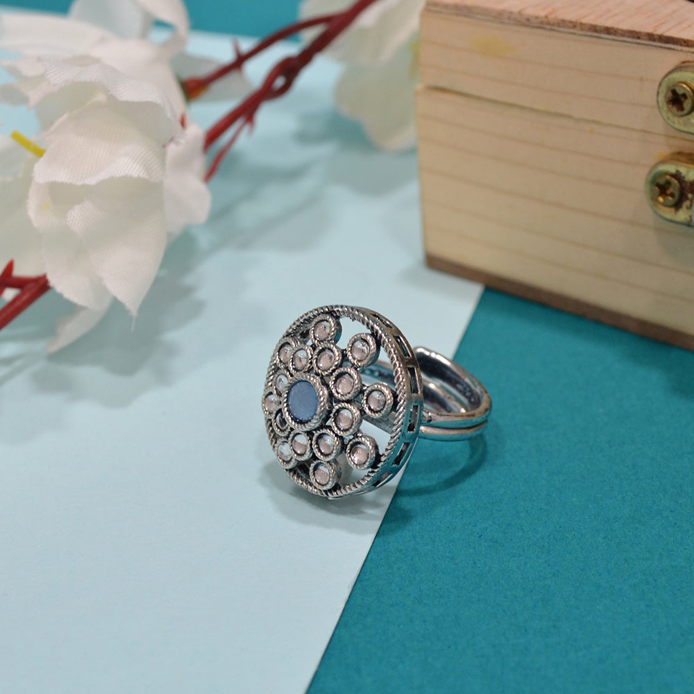 Saloni Fashion Jewellery Exotic Round Shape Silver Plated Kundan Stone Adjustable Finger Ring For Women and Girls