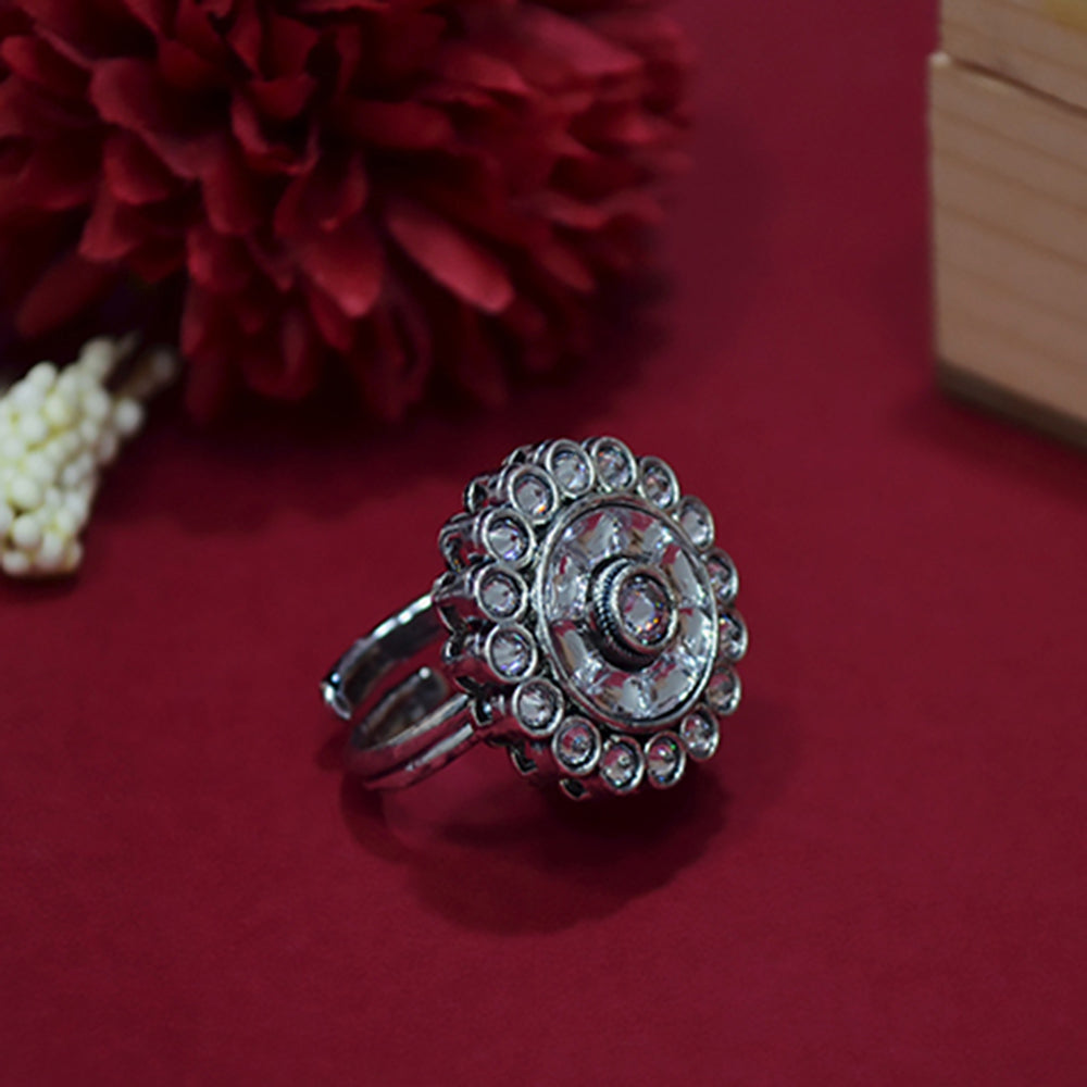 Saloni Fashion Jewellery Splendid Round Shape Silver Plated Kundan Stone Adjustable Finger Ring For Women and Girls