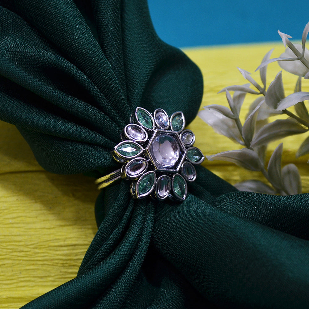 Saloni Fashion Jewellery Modish Flower Design Silver Plated Kundan Stone Adjustable Finger Ring For Women and Girls