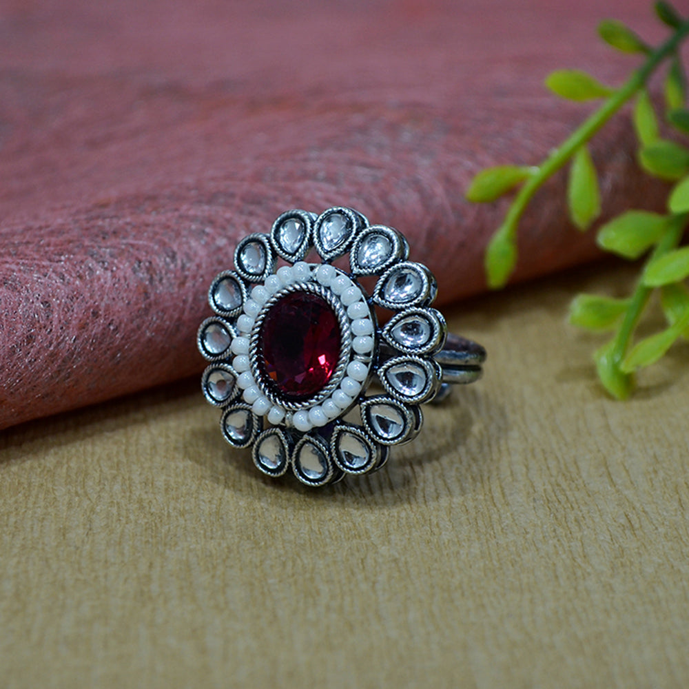 Saloni Fashion Jewellery Graceful Pear Shape and Mother Of Pearl Silver Plated Kundan Stone Adjustable Finger Ring For Women and Girls