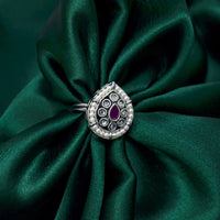 Saloni Fashion Jewellery Modern Pear Shape and Mother Of Pearl Silver Plated Kundan Stone Adjustable Finger Ring For Women and Girls