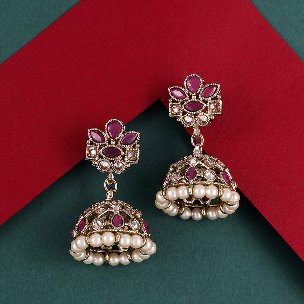 Saloni Fashion Jewellery Amazing Flower Design White Uncut Kundan Stone Antique Gold Plated Jhumki Earring For Women and Girls