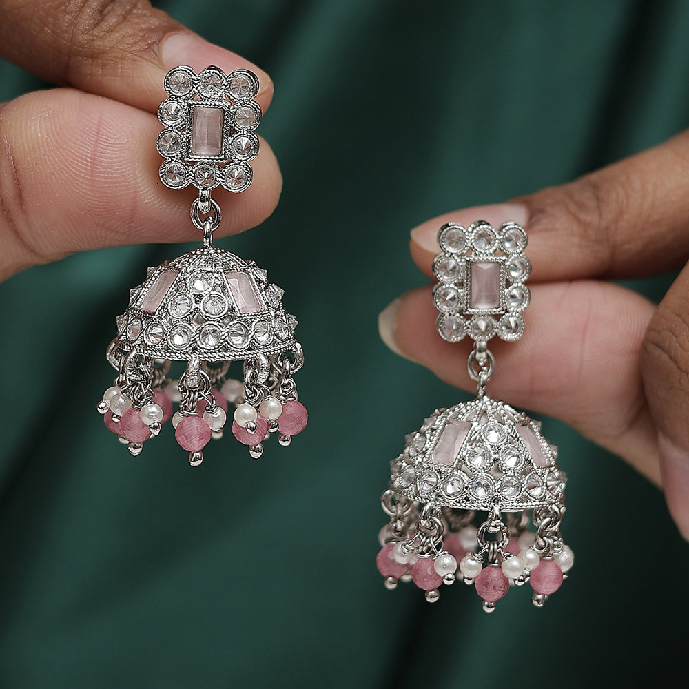 Saloni Fashion Jewellery Creative Square Shape Silver Plated Light Green Kundan Stone Jhumki Earring For Women and Girls