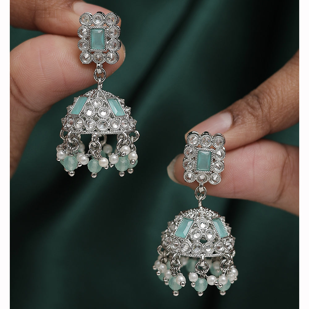 Saloni Fashion Jewellery Creative Square Shape Silver Plated Light Green Kundan Stone Jhumki Earring For Women and Girls