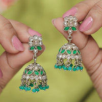 Saloni Fashion Jewellery Desirable Round and Pear Shape Silver Plated Pearl Brown Kundan Stone Jhumki Earring For Women and Girls