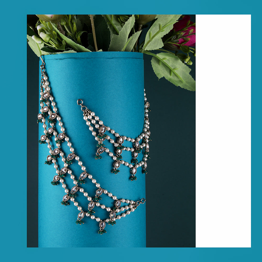 Saloni Fashion Jewellery Creative Oval and Circle Shape 3 String White Kundan Stone Pearl Antique Gold Plated Set Of 2 Ear-Chain (Kaanchain) For Women and Girls